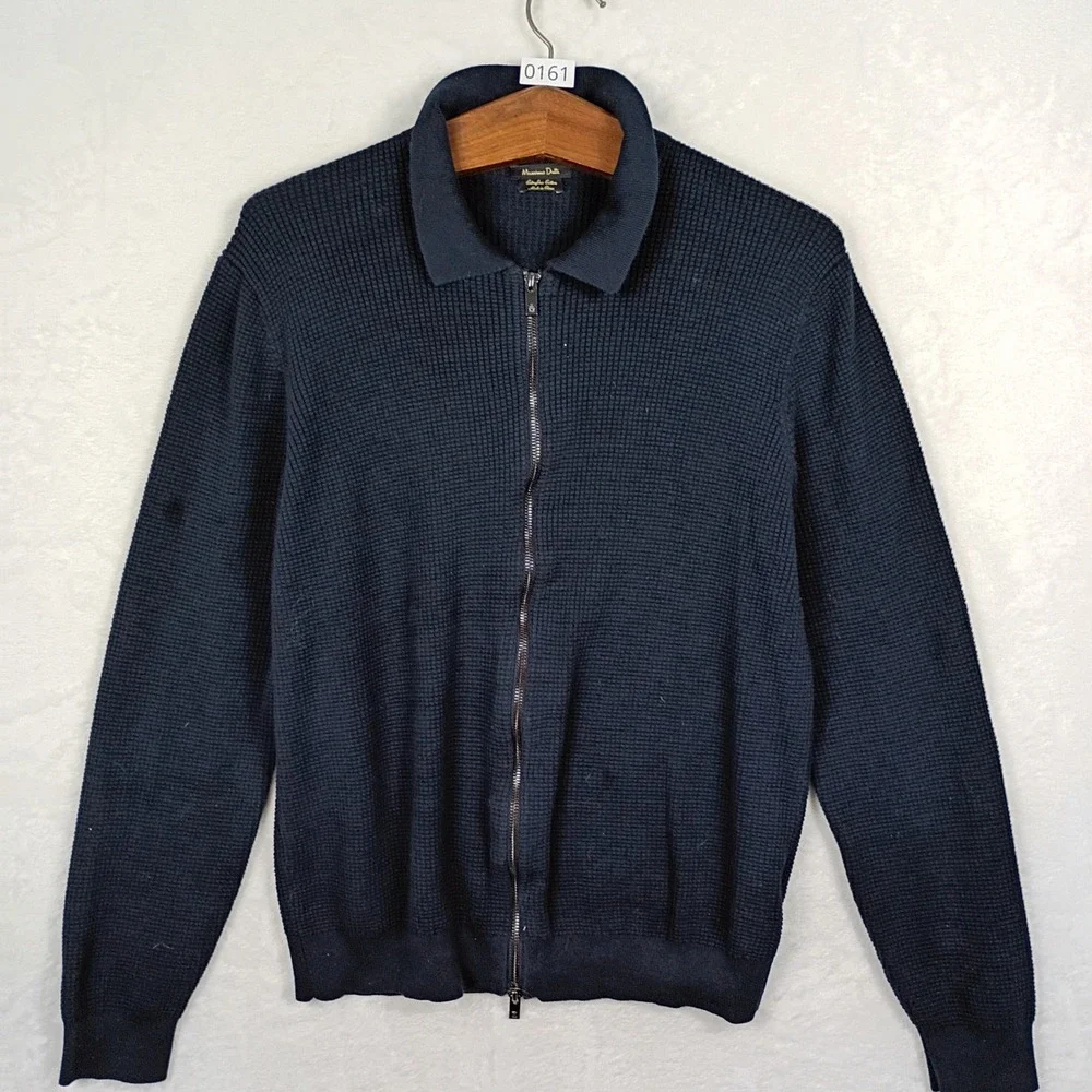 Massimo Dutti Mens XL Extrafine Cotton Navy Waffle Knit‎ Full Zip Sweater Collar